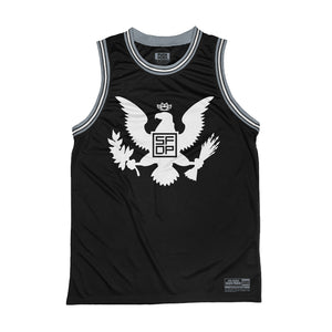 FIVE FINGER DEATH PUNCH 'EAGLE CREST' sleeveless basketball jersey in black, grey, and white front view