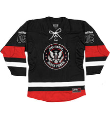FIVE FINGER DEATH PUNCH 'EAGLE CREST' deluxe hockey jersey in black, white, and red front view