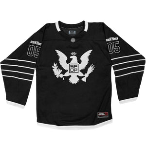 FIVE FINGER DEATH PUNCH 'EAGLE CREST' hockey jersey in black and white front view