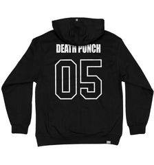 FIVE FINGER DEATH PUNCH 'EAGLE CREST' laced pullover hockey hoodie in black with camo and white striped laces back view