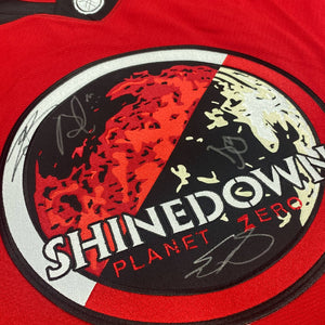 SHINEDOWN ‘PLANET ZERO’ limited edition autographed deluxe hockey jersey in red, black, and white front view close up
