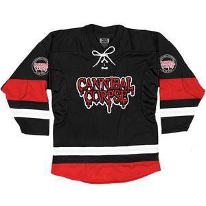 CANNIBAL CORPSE 'HOCKEY CLUB' hockey jersey in black, white, and red front view