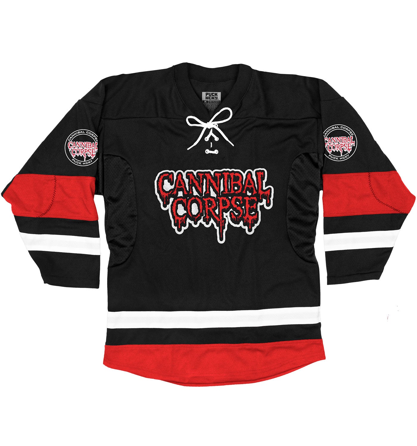 CANNIBAL CORPSE 'HOCKEY CLUB' hockey jersey in black, white, and red front view