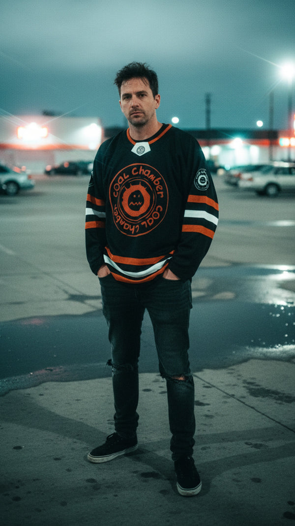 COAL CHAMBER ‘LOCO’ hockey jersey in black and orange on model