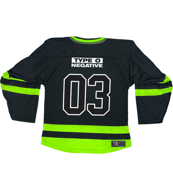 TYPE O NEGATIVE 'LIFE IS KILLING ME' deluxe hockey jersey in black and neon green back view