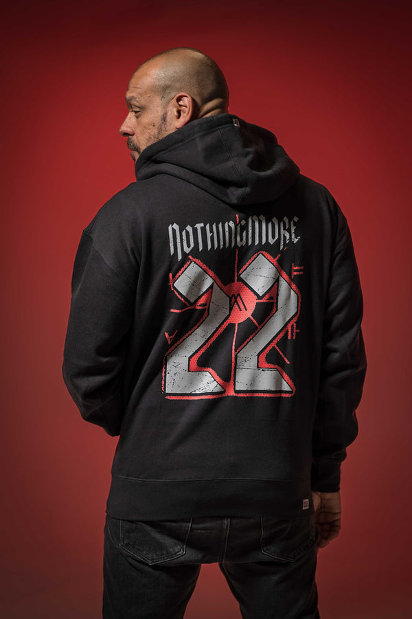 NOTHING MORE 'DÉJÀ VU' full zip hockey hoodie in black back view on model