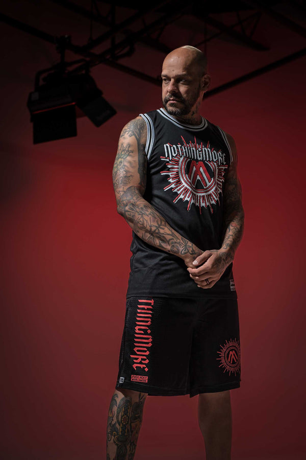 NOTHING MORE 'Deja Vu' sleeveless summer league jersey in black, grey, and white front view on male model