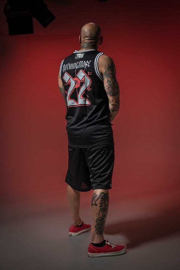NOTHING MORE 'DÉJÀ VU' sleeveless summer league jersey in black, grey, and white back view on male model