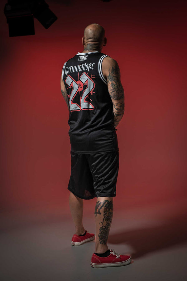 NOTHING MORE 'Deja Vu' sleeveless summer league jersey in black, grey, and white back view on male model