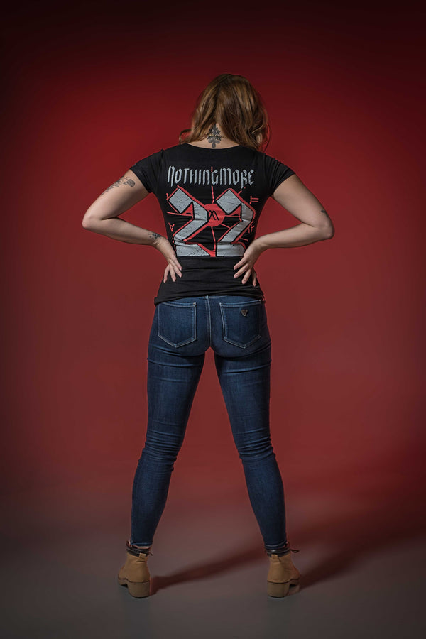 NOTHING MORE 'DÉJÀ VU' women's short sleeve hockey t-shirt in black back view on model