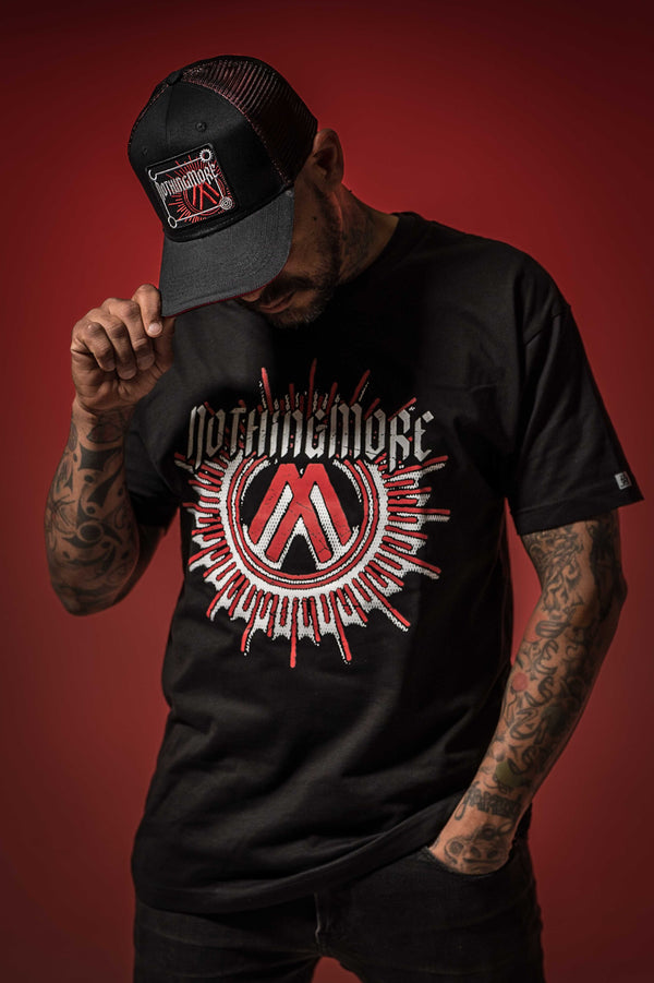 NOTHING MORE 'NEVERLAND' double mesh snapback hockey cap in black and red on model