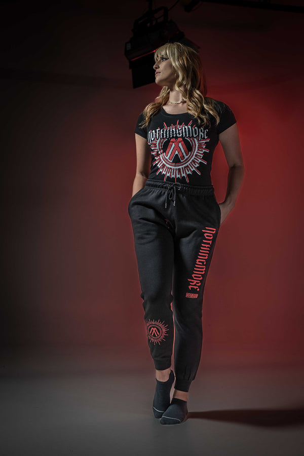 NOTHING MORE 'NEVERLAND' hockey jogging pants in black on female model