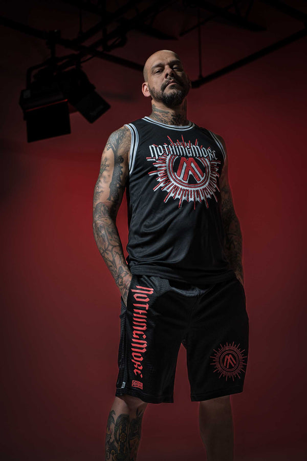 NOTHING MORE 'NEVERLAND' mesh hockey shorts in black on model