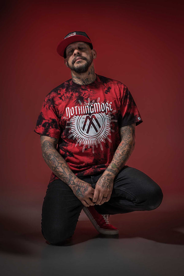 NOTHING MORE 'SPIRITS' short sleeve hockey t-shirt in red and black tie-dye front view on male model