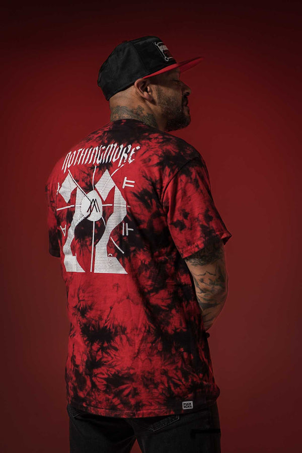 NOTHING MORE 'SPIRITS' short sleeve hockey t-shirt in red and black tie-dye back view on male model