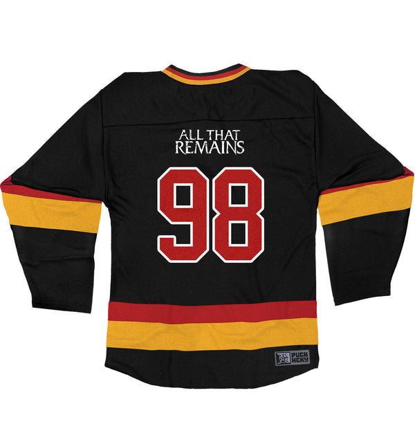 All That Remains 'Hourglass' hockey jersey in black, red, and gold back view