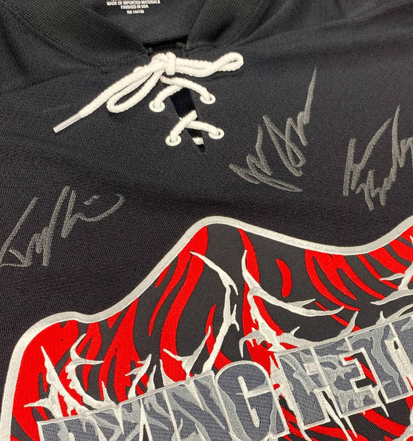 DYING FETUS 'DOUBLE LOGO' limited edition autographed deluxe hockey jersey in black, white, and red close up