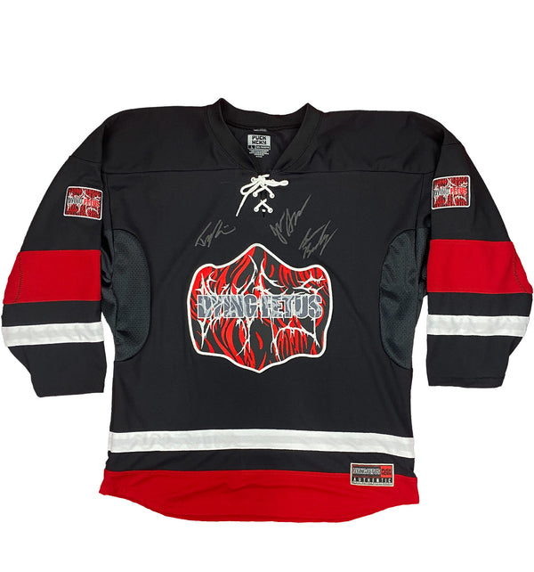 DYING FETUS 'DOUBLE LOGO' limited edition autographed deluxe hockey jersey in black, white, and red front view