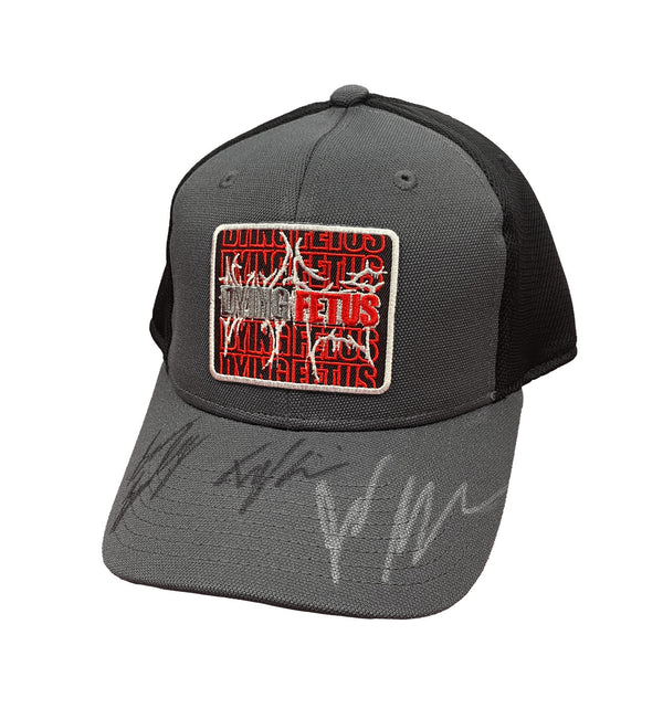 DYING FETUS 'DOUBLE LOGO' limited edition autographed mesh back hockey cap in iron grey and black front view