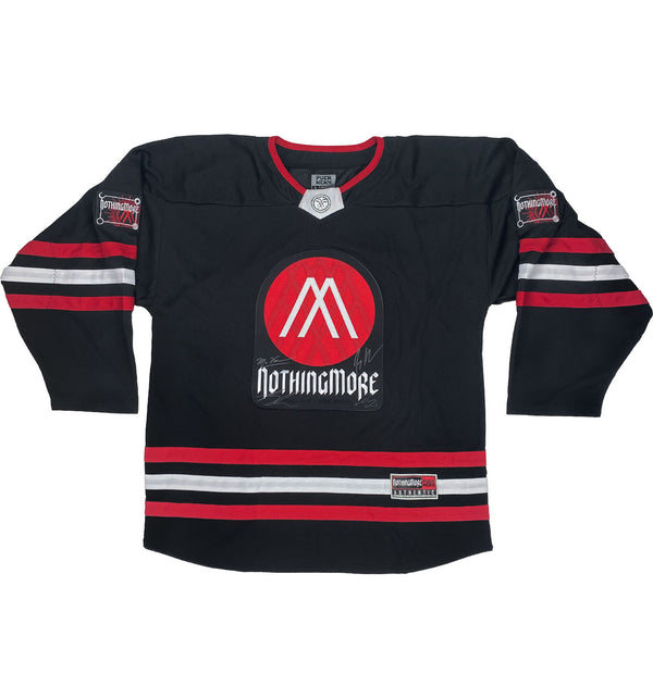 NOTHING MORE 'VALHALLA' limited edition, autographed deluxe hockey jersey in black, red, and white front view