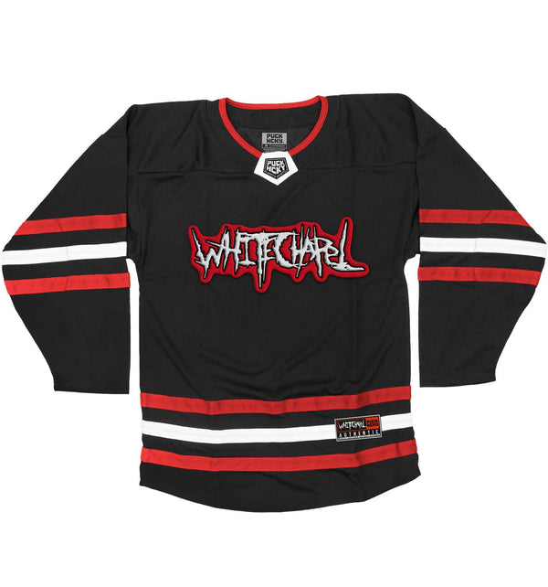 WHITECHAPEL 'REPROGRAMMED TO SKATE' deluxe limited edition autographed hockey jersey in black, red, and white front view
