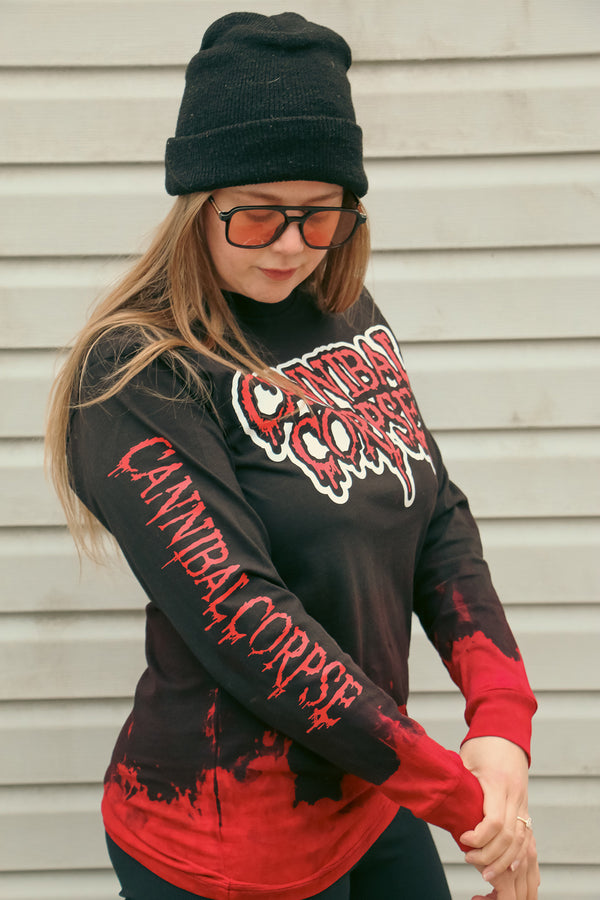 Cannibal Corpse 'Hockey Club' limited edition long sleeve hockey t-shirt in black with red tie dye on model