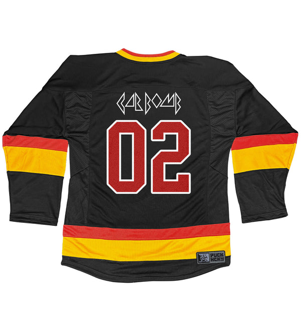 Car Bomb 'Triangles' deluxe hockey jersey in black, red, and gold back view