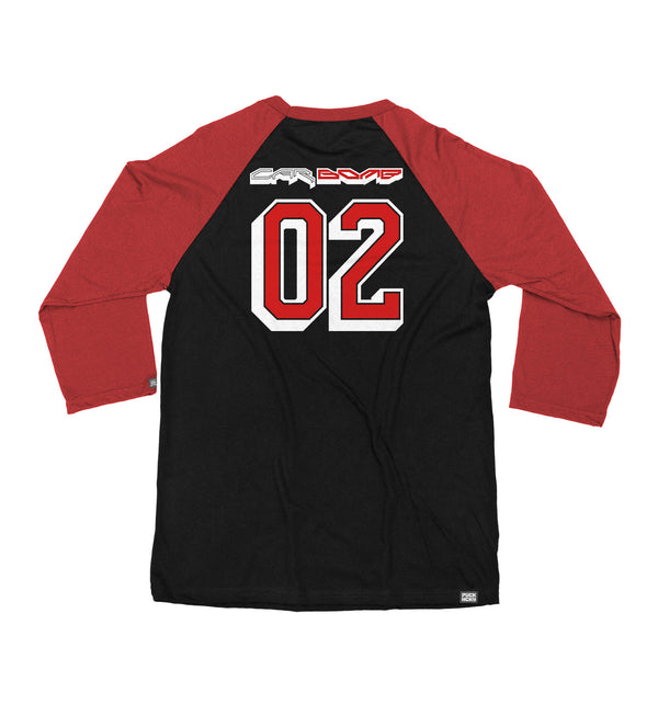 Car Bomb ‘Liberty’ hockey raglan t-shirt in black with red sleeves back view