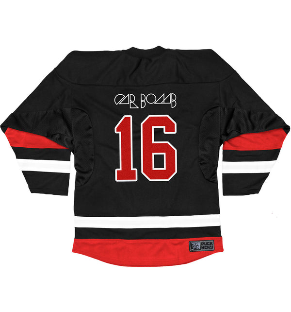 Car Bomb 'Meta' hockey jersey in black, white, and red back view