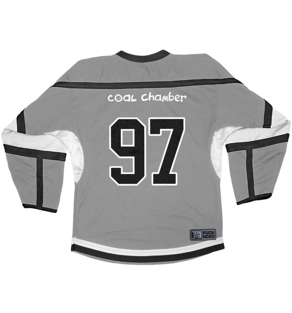 COAL CHAMBER 'LOCO' deluxe hockey jersey in grey, black, and white back view