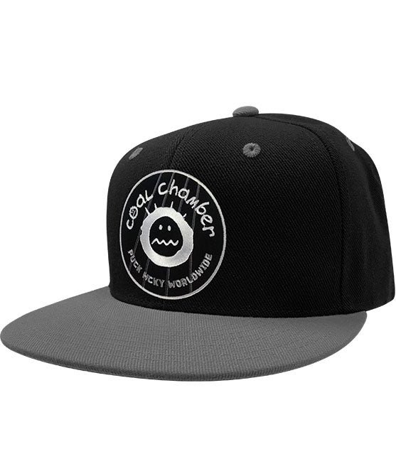 COAL CHAMBER 'LOCO' flat bill snapback hockey cap in black with grey bill front view