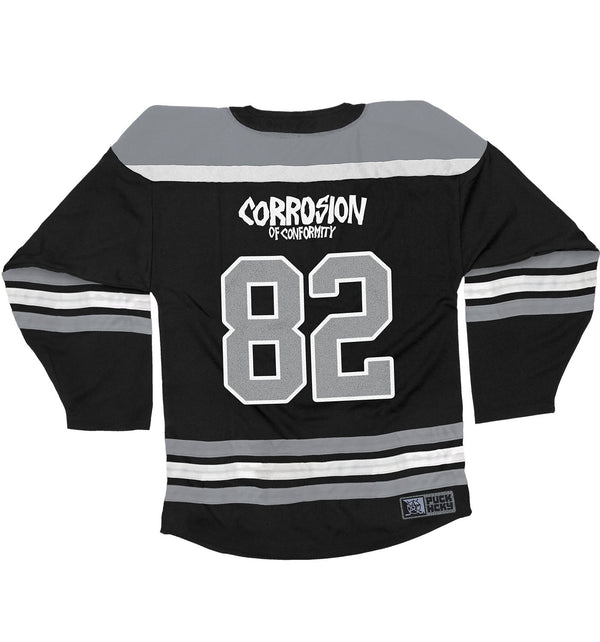 CORROSION OF CONFORMITY 'SKULL' deluxe hockey jersey in black, grey, and white back view