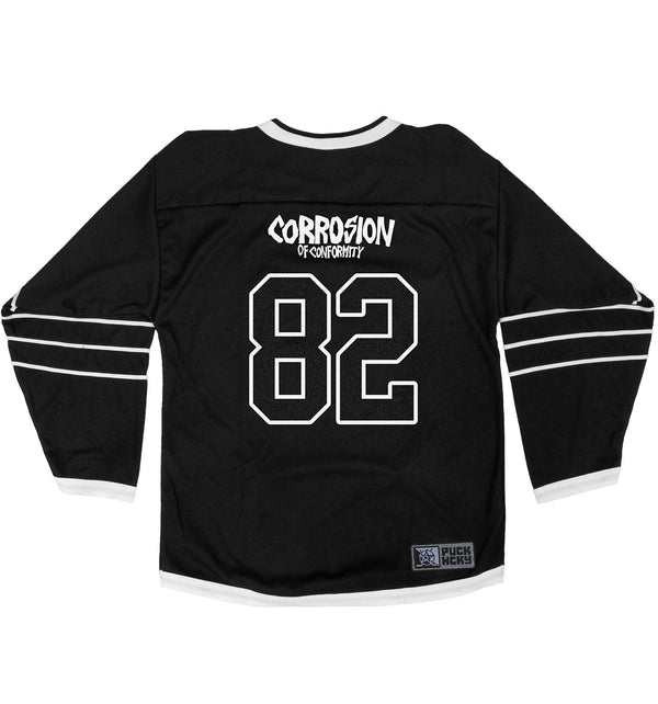 CORROSION OF CONFORMITY 'SKULL' hockey jersey in black and white back view