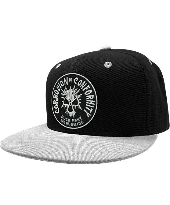 CORROSION OF CONFORMITY 'SKULL' flat bill snapback hockey cap in black with white bill