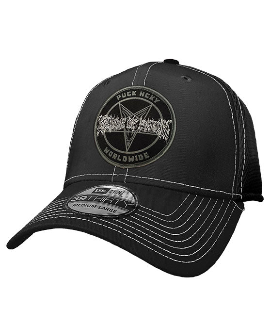 CRADLE OF FILTH 'PENTAGRAM' stretch mesh contrast stitch hockey cap in black with white stitching