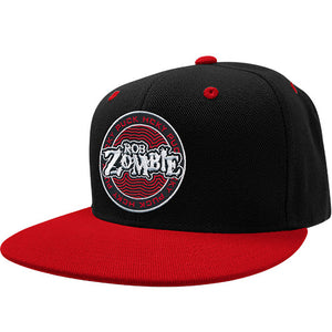 ROB ZOMBIE 'PUCK OF THE EARTH' snapback hockey cap in black with red brim front view
