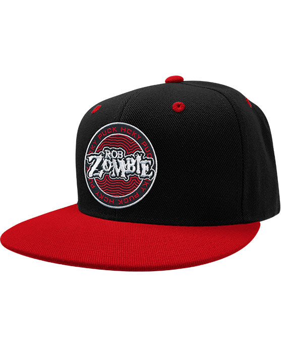 ROB ZOMBIE 'PUCK OF THE EARTH' snapback hockey cap in black with red brim front view