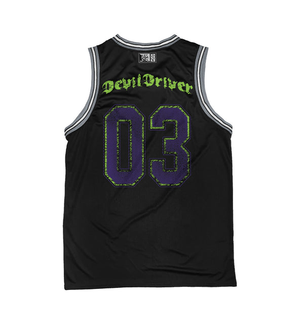 DEVILDRIVER 'CIRCLE' sleeveless basketball jersey in black, grey, and white back view