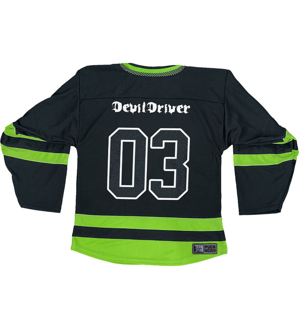 DEVILDRIVER 'CIRLCE' hockey jersey in black and neon green back view