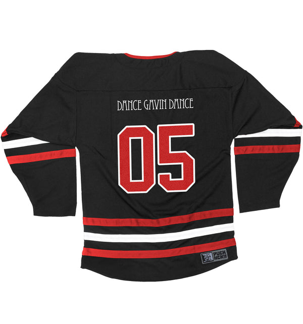 Dance Gavin Dance 'Afterburner' hockey jersey in black, red, and white back view