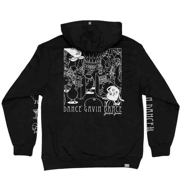 DANCE GAVIN DANCE 'JACKPOT JUICER' laced pullover hockey hoodie in black with black and white hockey laces back view