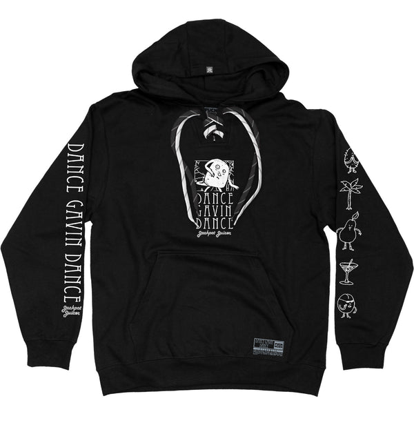 DANCE GAVIN DANCE 'JACKPOT JUICER' laced pullover hockey hoodie in black with black and white hockey laces front view