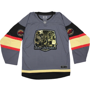 DANCE GAVIN DANCE 'JACKPOT JUICER' limited edition deluxe hockey jersey in charcoal grey, black, gold, and red front view