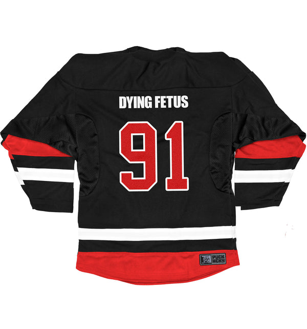 DYING FETUS 'DOUBLE LOGO' limited edition autographed deluxe hockey jersey in black, white, and red back view
