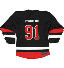 DYING FETUS 'DOUBLE LOGO' deluxe hockey jersey in black, white, and red back view