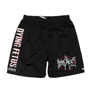 DYING FETUS 'DOUBLE LOGO' mesh hockey shorts in black front view