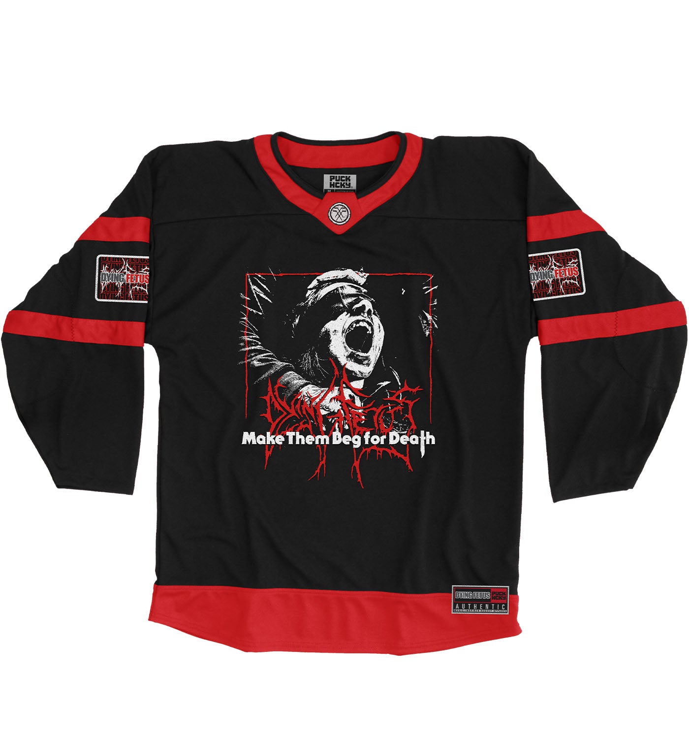 DYING FETUS 'MAKE THEM BEG' hockey jersey in black and red front view