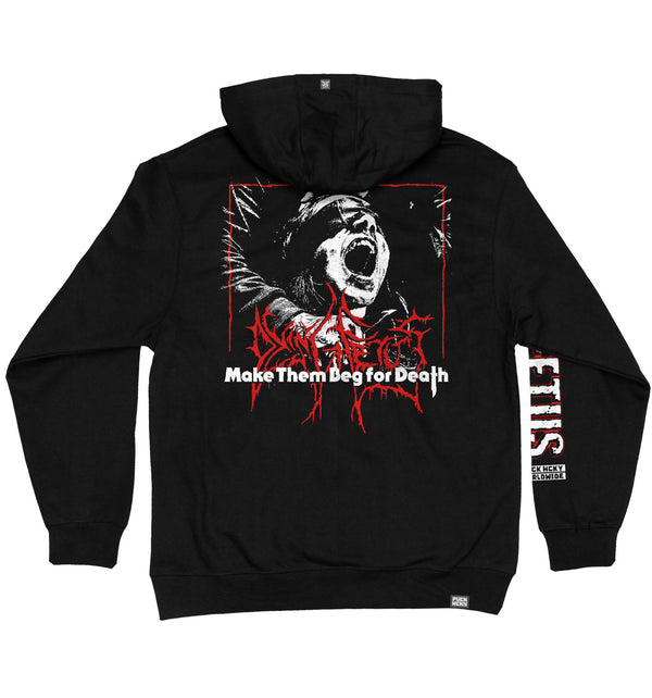 DYING FETUS 'MAKE THEM BEG' laced pullover hockey hoodie in black with red and white striped laces back view