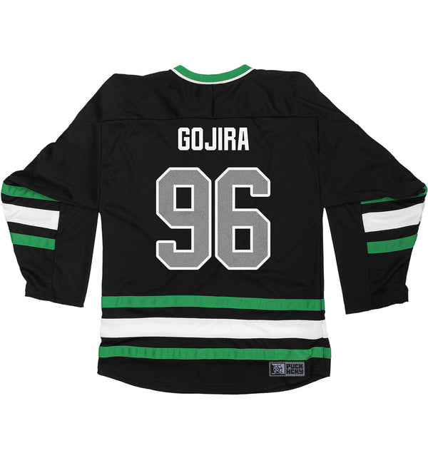 GOJIRA 'FROM THE TREES' deluxe hockey jersey in black, kelly green, and white back view