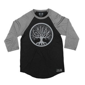 GOJIRA 'FROM THE TREES' hockey raglan t-shirt in black with athletic heather sleeves front view